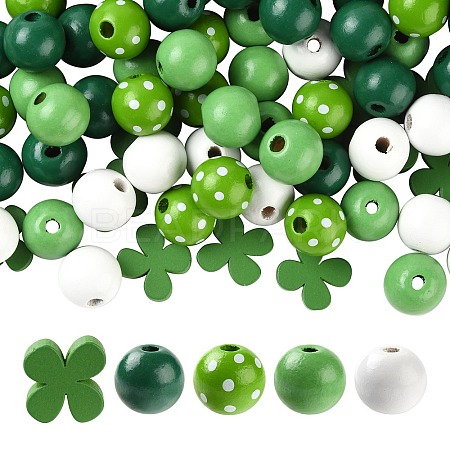 160Pcs 5 Style Irish Theme Painted Natural Wood Beads WOOD-LS0001-48-1