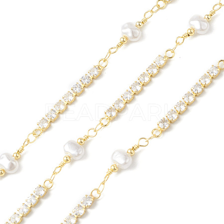 Brass Cubic Zirconia Link Chains with Shell Pearl CHS-P016-17G-1