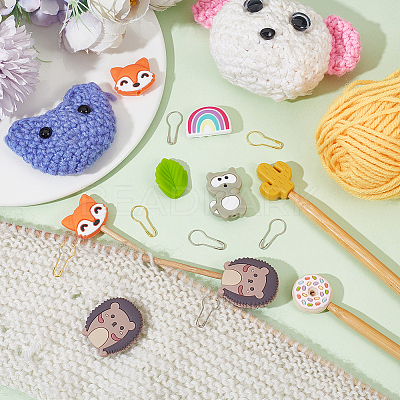 DIY Donut & Fox & Leaf & Rainbow Silicone Beads Knitting Needle Protectors/Knitting Needle Stoppers with Stitch Markerss IFIN-NB0001-54-1