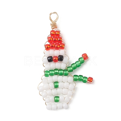 2Pcs 2 Colors Christmas Glass Seed Beaded Snowman Pendants PALLOY-MZ00940-1