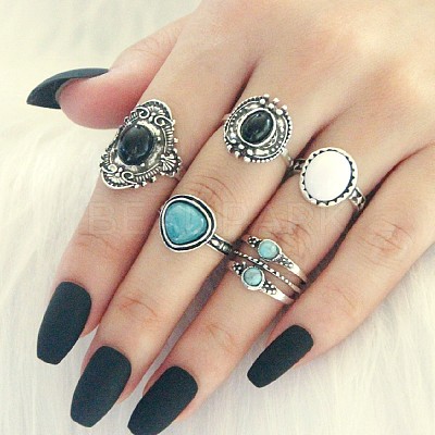 5Pcs Alloy with Synthetic Turquoise Finger Rings FS-WGB916C-09-1