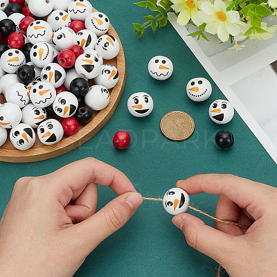 180Pcs 6 Styles Christmas Snowman Print Wood European Beads WOOD-PH0003-03B-1