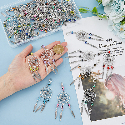 36Pcs 4 Colors Tibetan Style Alloy Woven Net/Web with Feather European Dangle Charms HJEW-AB00503-1