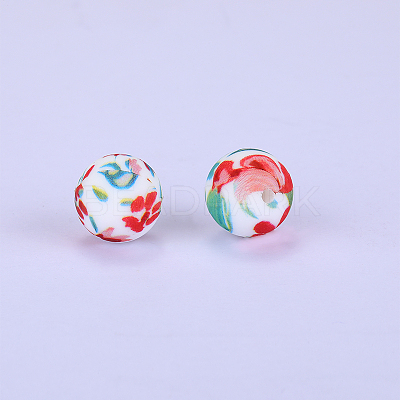 Printed Round with Flower Pattern Silicone Focal Beads SI-JX0056A-162-1