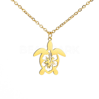 Ocean 304 Stainless Steel Hollow Floral Turtle Pendant Necklaces for Women WG89907-02-1