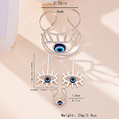 Hollow Out Evil Eye Alloy Resin Cuff Bangles & Cuff Rings & Stud Earrings Sets FS-WG3F92B-02-1