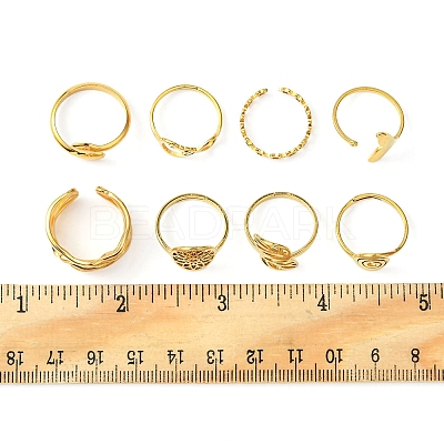 8Pcs 8 Style Flower & Leaf & Whale Tail & Snake Stainless Steel Open Cuff Ring Sets RJEW-FS0001-01-1
