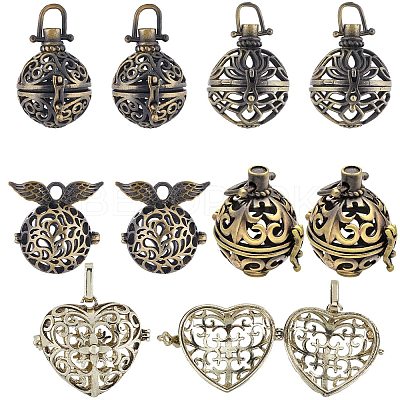10Pcs 5 Styles Filigree Brass Cage Pendants KK-SC0003-77A-1