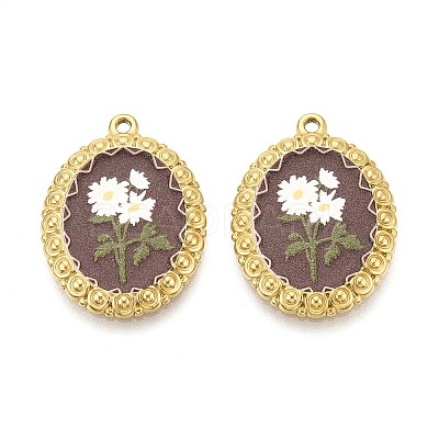 Vintage Printed Style 304 Stainless Steel Oval with Sunflower Pendants STAS-T071-29C-G-1