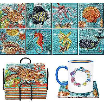 DIY Marine Animal Theme Diamond Painting Square Wood Cup Mat Kits DIY-H163-05-1