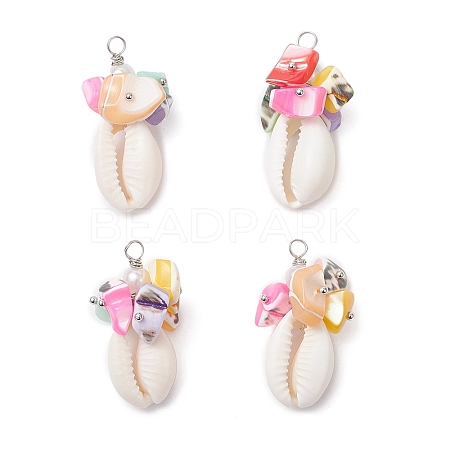 Natural Cowrie Shell & Dyed Natural Trochid Shell Nuggets Beaded Pendants PALLOY-JF04584-02-1