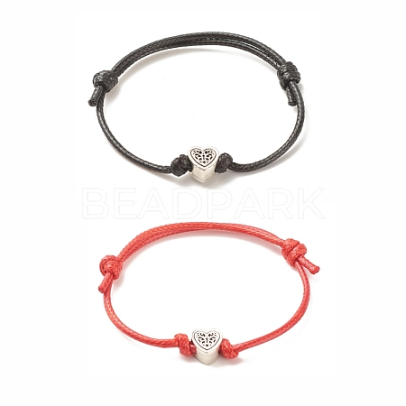 2Pcs 2 Colors Alloy Heart Beaded Cord Bracelets Set BJEW-JB08113-02-1