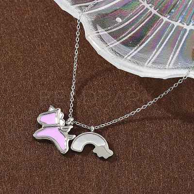 304 Stainless Steel Pearl Pink Enamel & Natural White Shell Pendant Unicorn Rainbow Pendant Necklaces for Women NJEW-M101-02P-1