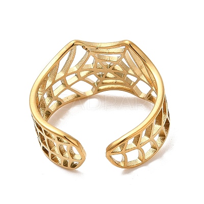 Ion Plating(IP) 304 Stainless Steel Hollow Spider Web Open Cuff Ring for Women RJEW-M149-25G-1