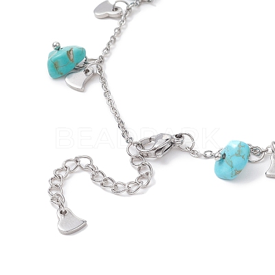 Synthetic Turquoise Chips & Heart Charms Anklet AJEW-AN00512-01-1