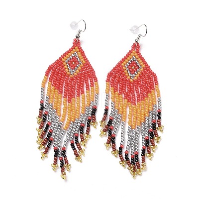 Glass Seed Braided Rhombus with Tassel Chandelier Earrings EJEW-H084-09P-1