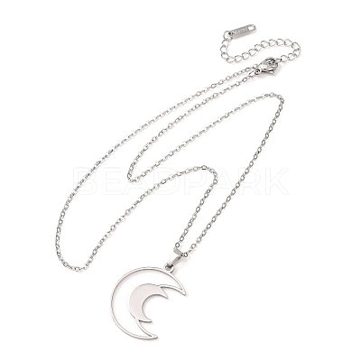 304 Stainless Steel Double Hollow Moon Pendant Cable Chain Necklaces for Men Women NJEW-K308-01E-P-1