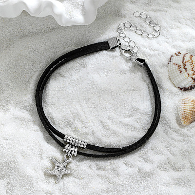 Ocean Alloy Starfish Charm Faux Suede 2-Strand Anklets for Women WGD1C62-01-1
