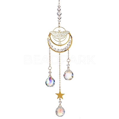 Brass Hollow Moth Moon Hanging Ornaments AJEW-Z027-01C-1