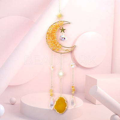 Wire Wrapped Natural Yellow Quartz Moon with Tree of Life Pendant Decorations HJEW-K046-07G-02-1
