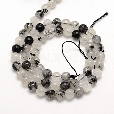 Natural Black Rutilated Quartz Round Beads Strands X-G-E251-30-6mm-1