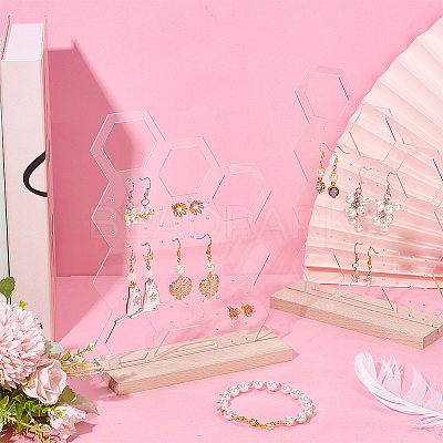 Transparent Acrylic Vertical Earring Display Stands with Wooden Base EDIS-WH0021-48B-1
