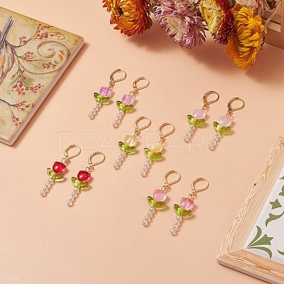 Lampwork Beaded Tulip Dangle Leverback Earrings EJEW-JE05232-1