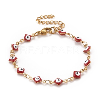 Enamel Rhombus with Evil Eye Link Chains Bracelet BJEW-P271-03G-01-1