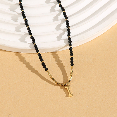 Stainless Steel Initial Pendant Faceted Round Natural Black Spinel Beaded Necklaces for Women ZD9259-9-1