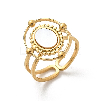 Oval 304 Stainless Steel White Shell Finger Rings for Women RJEW-G346-09G-02-1