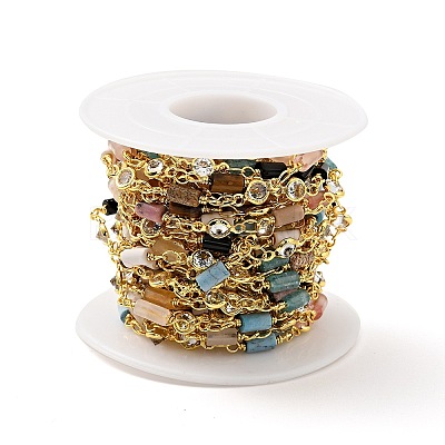 Natural Mixed Gemstone Column & Clear Cubic Zirconia Flat Round Link Chain CHC-G017-01G-1