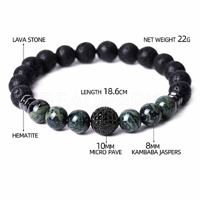 Natural Rhyolite Jasper & Lava Rock & Cubic Zirconia Round Beads Stretch Bracelets for Men Women Round Beads Stretch Bracelets for Men Women FF8165-4-1