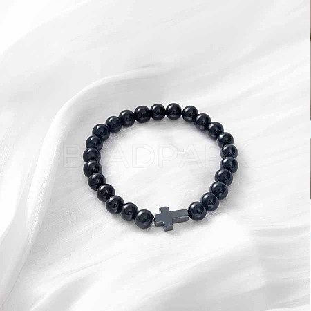 Cross Natural Black Agate Beaded Stretch Bracelet SA8738-4-1