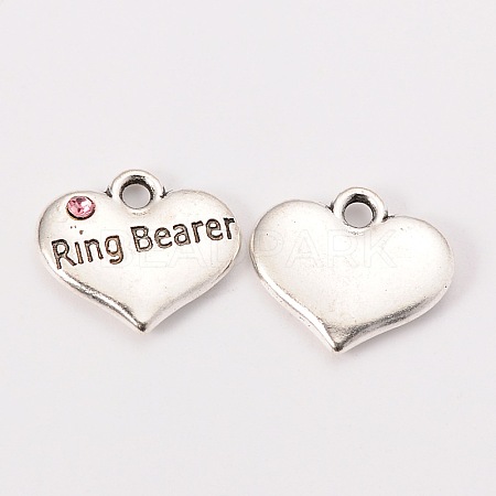 Wedding Theme Antique Silver Tone Tibetan Style Heart with Ring Bearer Rhinestone Charms X-TIBEP-N005-15A-1
