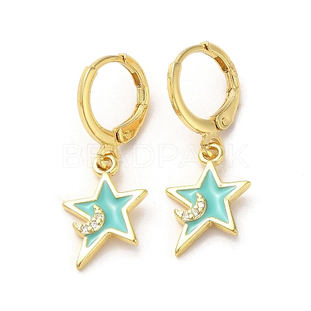 Star & Moon Real 18K Gold Plated Brass Dangle Leverback Earrings EJEW-L268-032G-04-1