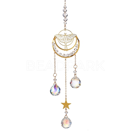 Brass Hollow Moth Moon Hanging Ornaments AJEW-Z027-01C-1