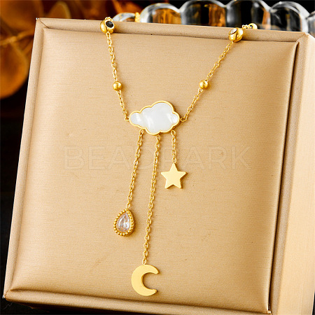 304 Stainless Steel Pave Clear Cubic Zirconia with Natural White Shell Cloud with Moon Star Tassel Pendant Necklaces for Women FS-WG2EBDD-01-1