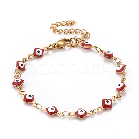 Enamel Rhombus with Evil Eye Link Chains Bracelet BJEW-P271-03G-01-1