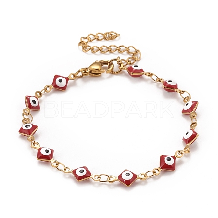 Enamel Rhombus with Evil Eye Link Chains Bracelet BJEW-P271-03G-01-1