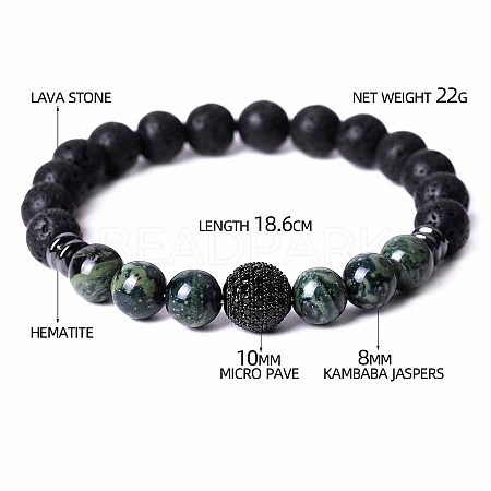Natural Rhyolite Jasper & Lava Rock & Cubic Zirconia Round Beads Stretch Bracelets for Men Women Round Beads Stretch Bracelets for Men Women FF8165-4-1