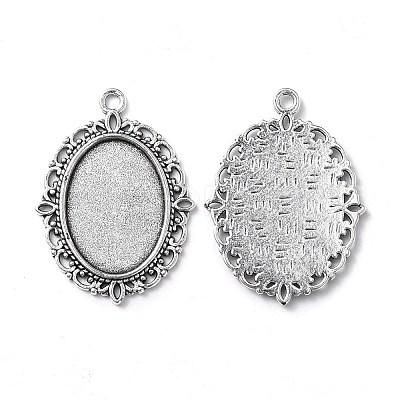 Tibetan Style Antique Silver Alloy Flat Oval Pendant Cabochon Settings X-TIBEP-M022-19AS-1