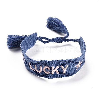 Word Lucky Polycotton(Polyester Cotton) Braided Bracelet with Tassel Charm BJEW-F429-08-1