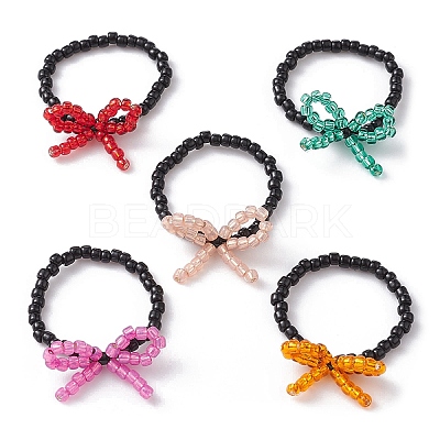 Glass Seed Beaded Bowknot Stretch Finger Rings RJEW-MZ00012-1