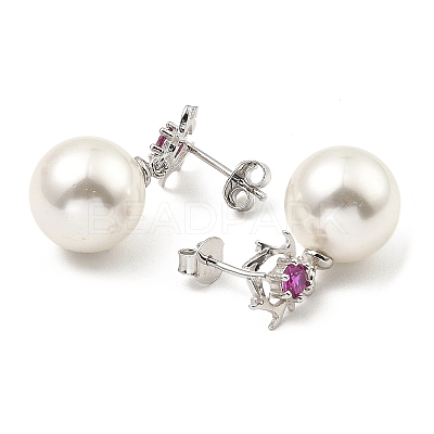 Shell Pearl Round Dangle Stud Earrings with Cubic Zirconia EJEW-Z024-05P-1