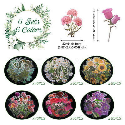 6 Sets 6 Colors Flower PET Waterproof Stickers STIC-TA0001-04-1
