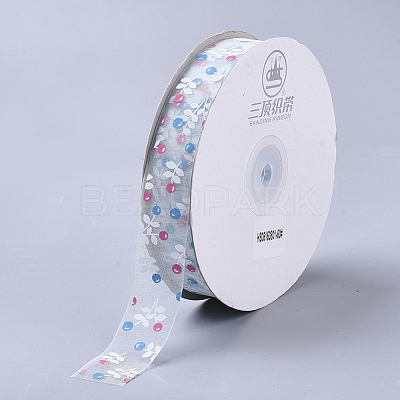 Flower Pattern Printed Polyester Organza Ribbons ORIB-Q034-04-1