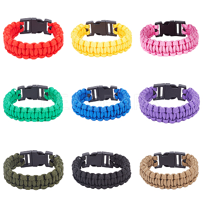 9Pcs 9 Colors Survival Polyester Cord Bracelets Set with Plastic Clasps for Hiking Camping Outdoor BJEW-AN0001-60-1