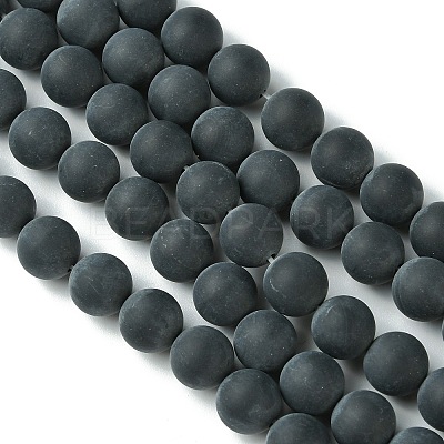 Grade A Round Frosted Natural Black Agate Beads Strands X-G447-5-1
