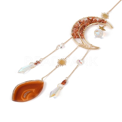 Wire Wrapped Natural Carnelian Moon with Tree of Life Pendant Decorations HJEW-K046-07G-03-1