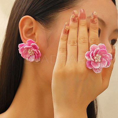 Flower Plastic & Plastic Pearl & Brass Stud Earrings & Rings Sets FS-WG6C53A-12-1